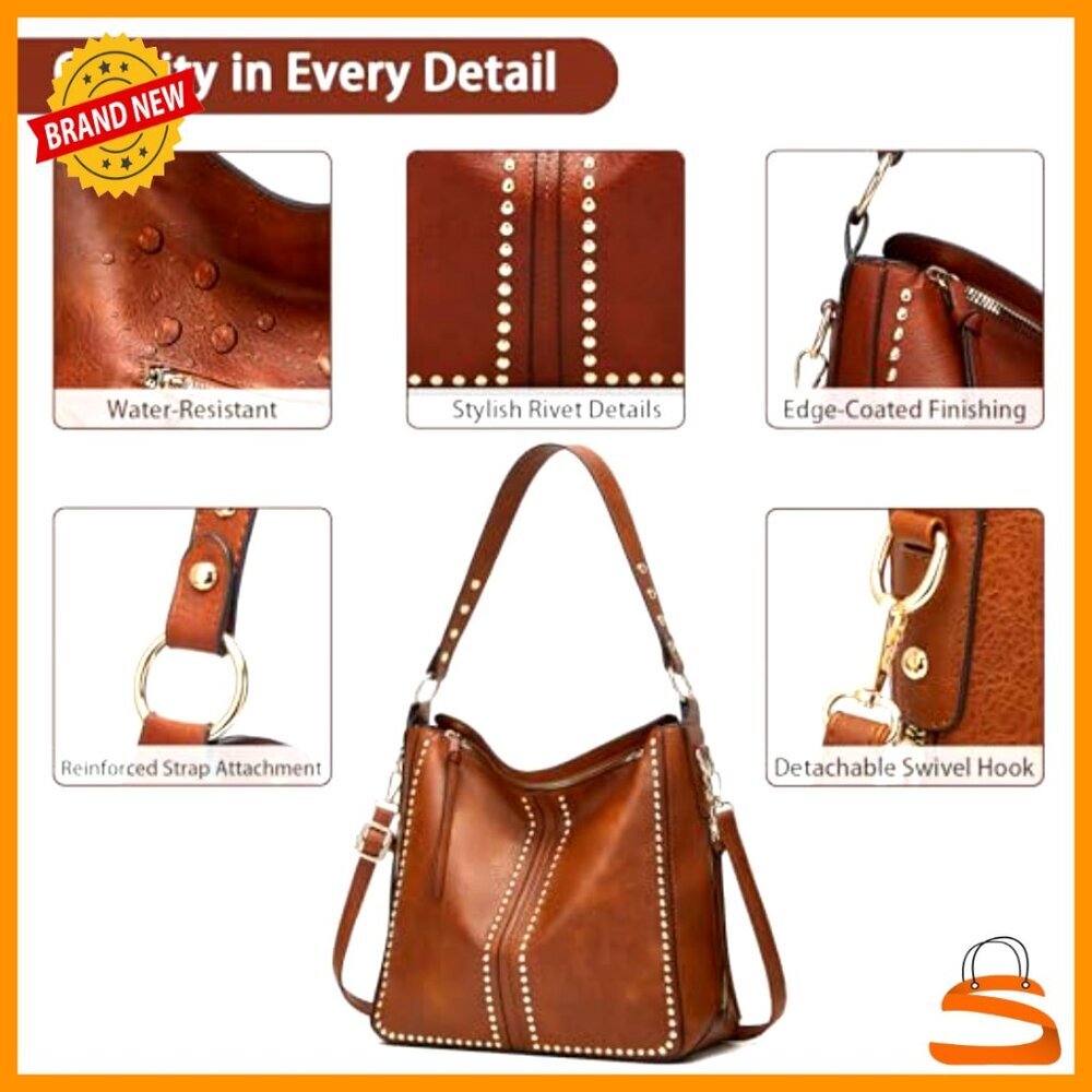 Large Hobo Tote Bag with Wallet, Studded Shoulder Handbag, Adjustable Straps - Picture 6 of 7